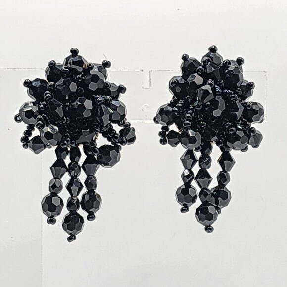 VTG LOIS ANN Black Faceted Cluster Clip-on Earrings Special Occasion - Picture 1 of 5